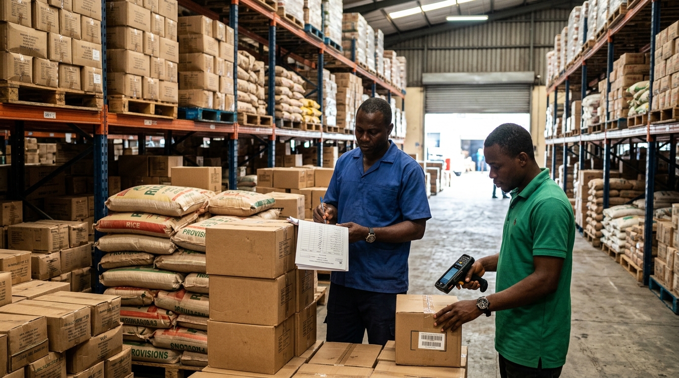 Goods being checked against a delivery schedule at a Nigerian commercial warehouse