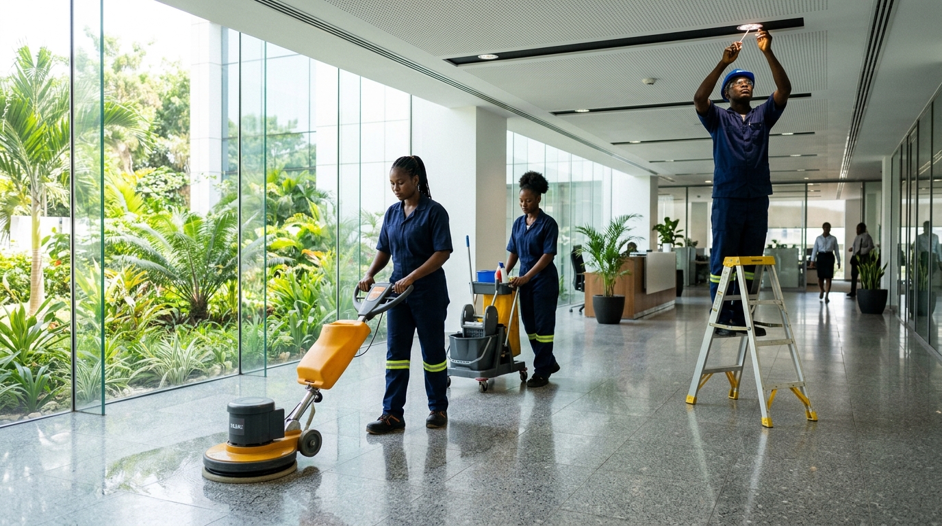 A facility management team maintaining a modern Nigerian office building